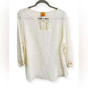 Ruby Rd. Ivory Blouse with Cutout Accents and gold accents, Size Large, NWT